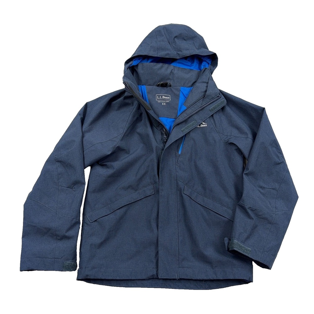 LL Bean Jacket Boys Small Navy Blue Windbreaker Hooded Outdoor Rain Coat Youth